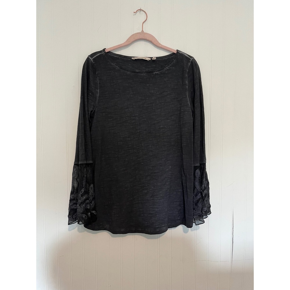 Soft Surroundings Top Womens XS Gray Slub Knit Embroidered Mesh Bell Sleeve